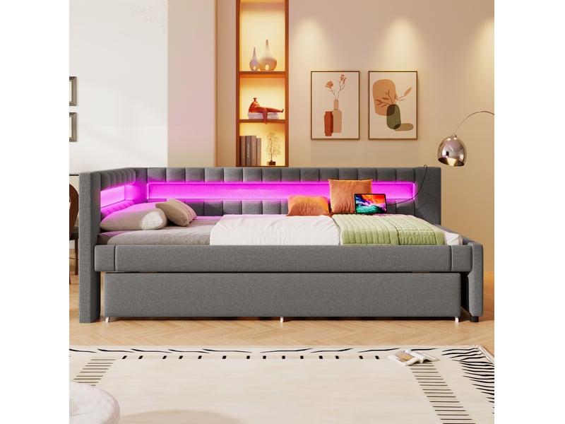  Lit banquette 90x200 cm avec lit gigogne, éclairage led, usb et type-c, mdf, gris, sans matelas  - Conforama D