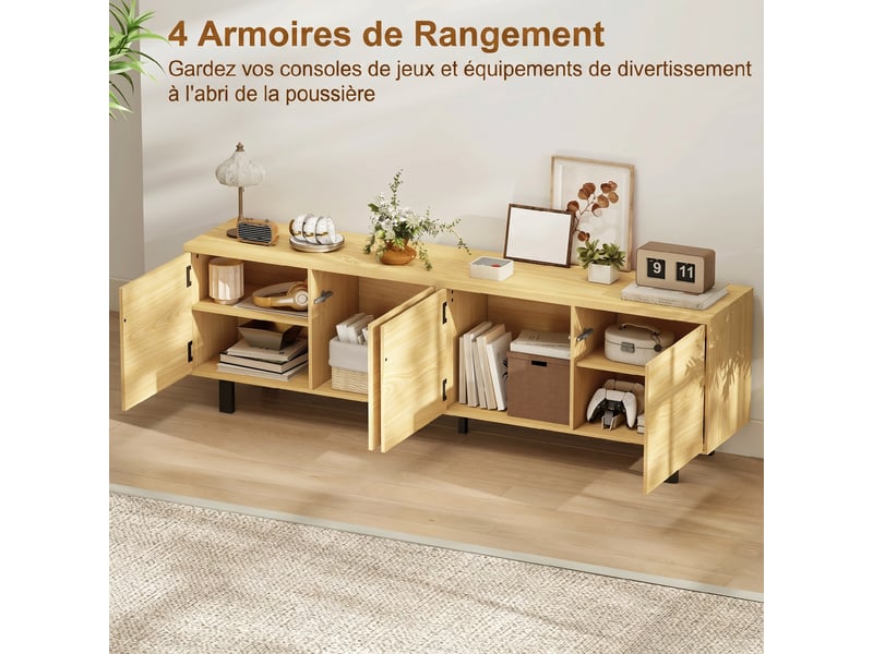 Meuble tv 180 cm, meuble télé pour 82 pouces avec 4 portes à ouverture par pression bois naturel 180x35x55,5cm  - Conforama D