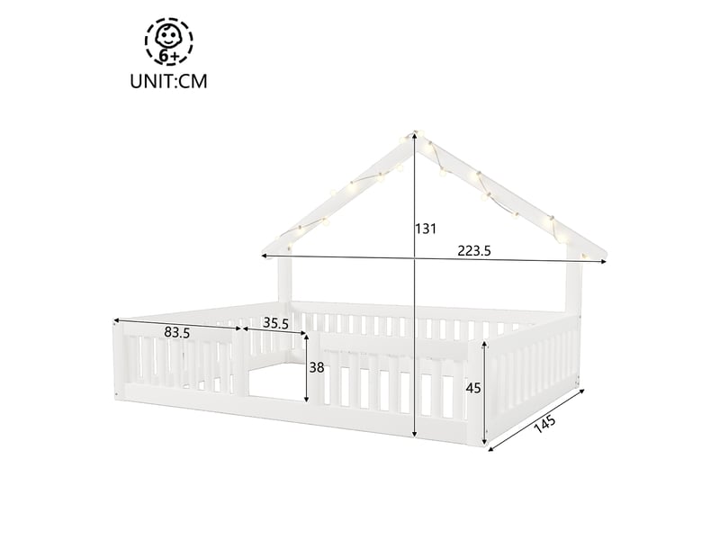  Lit surélevé enfant 140x200 cm avec sommier à lattes, garde-corps de sécurité, guirlande led, bois blanc, sans matelas  - Conforama C