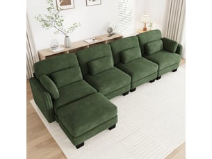 Canapé d'angle modulable - 4 places - forme l - 1 ottoman - coussins d'accoudoirs - tissu chenille - mobilier de salon - vert