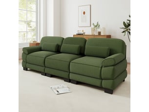 Canapé droit modulable 265 cm 3 places, design carré épuré, base et accoudoirs à matelassage en canaux, coussin lombaire, velours côtelé, vert