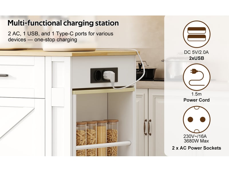 Îlot de cuisine mobile avec plan de travail extensible, prises et usb, 2 tiroirs, rangement double porte, 7 roulettes - Conforama D
