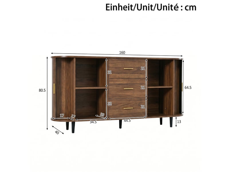  Buffet arrondi 160 cm décor noyer, 2 portes coulissantes, 3 tiroirs, étagères réglables et pieds en fer  - Conforama C