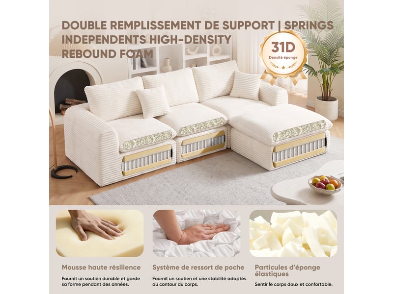 Canapé modulable 280x180x65 cm, 3 modules combinables en l ou droit, convertible en couchage d'appoint, velours côtelé, beige OMNIGLINT TRADING LTD - Conforama E