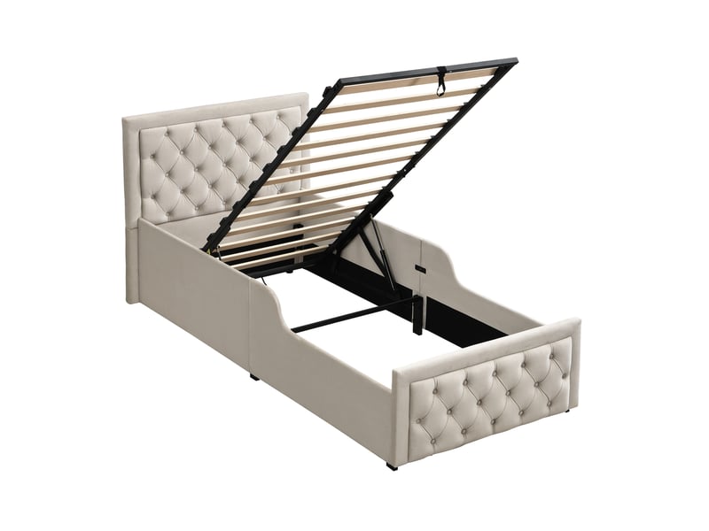  Lit enfant 90x200 cm, lit coffre, lit 1 place, tête de lit, espace de rangement, tissu velours, beige, sans matelas  - Conforama E