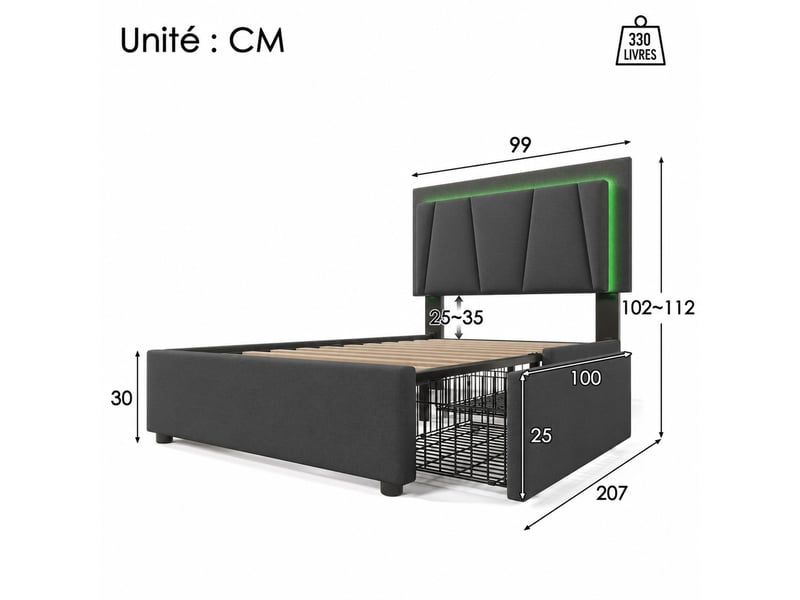  Lit avec tiroirs, lit simple 90x200 cm, 2 tiroirs, tête réglable et led, sans matelas, gris  - Conforama D