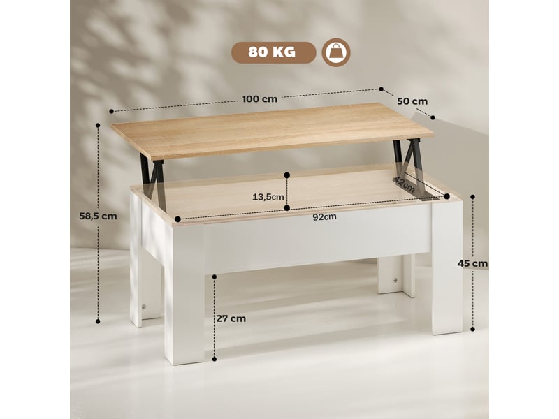 Table basse relevable, table de salon avec compartiment caché, style moderne, pour salon, bureau, 100x50x45cm, blanc  - Conforama C