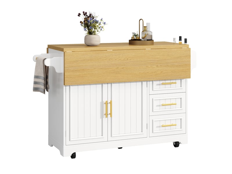  Desserte 2 portes 3 tiroirs - îlot de cuisine mobile à plateaux rabattables 120x40x95 cm mdf blanc effet chêne  - Conforama R