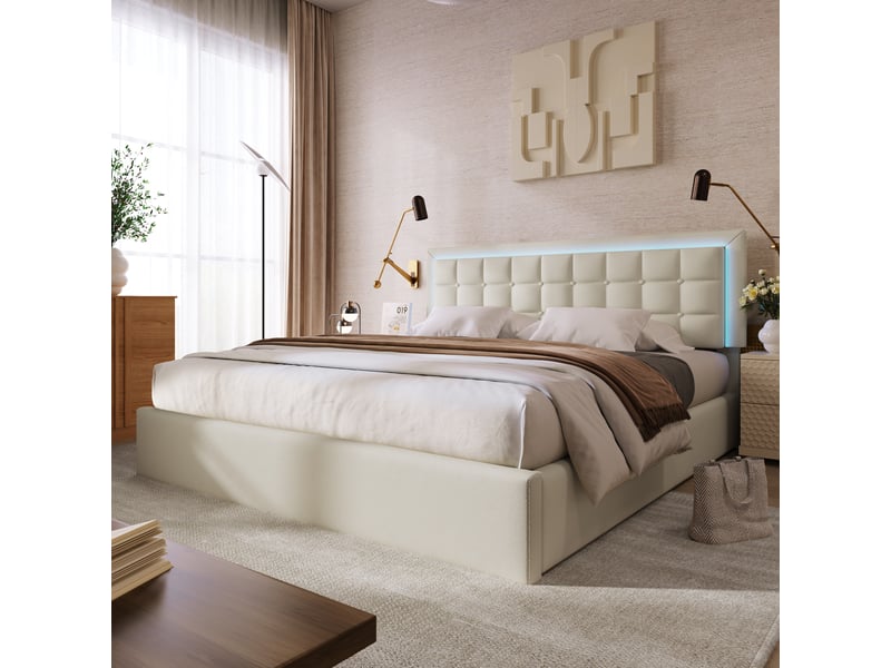  Lit coffre hydraulique 180x200 cm avec led, rangement et sommier à lattes, tête de lit capitonnée, simili cuir - blanc (sans matelas)  - Conforama C