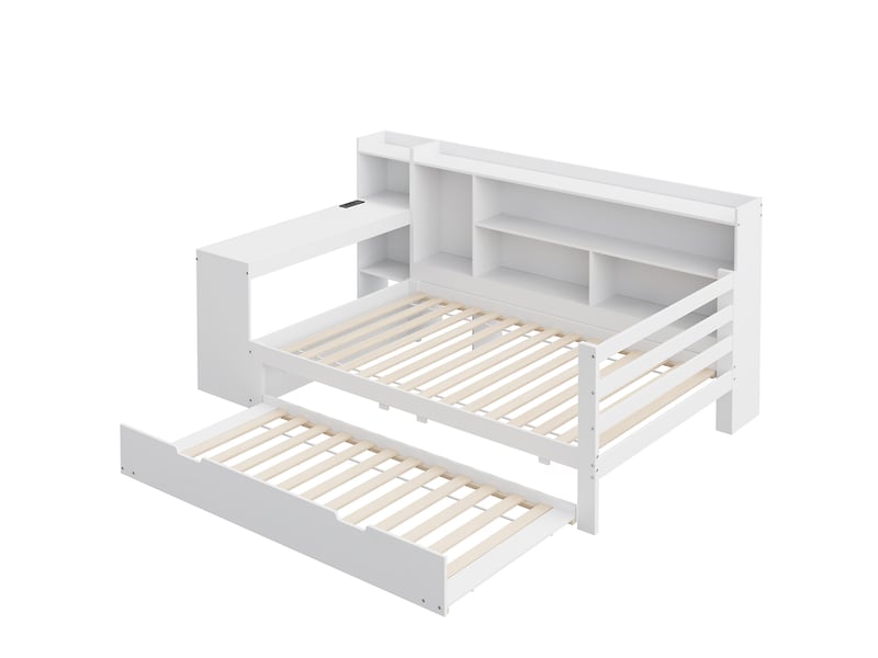 Lit banquette en bois massif 90*200 cm blanc, bureau, étagères, prises et lit gigogne - Conforama A
