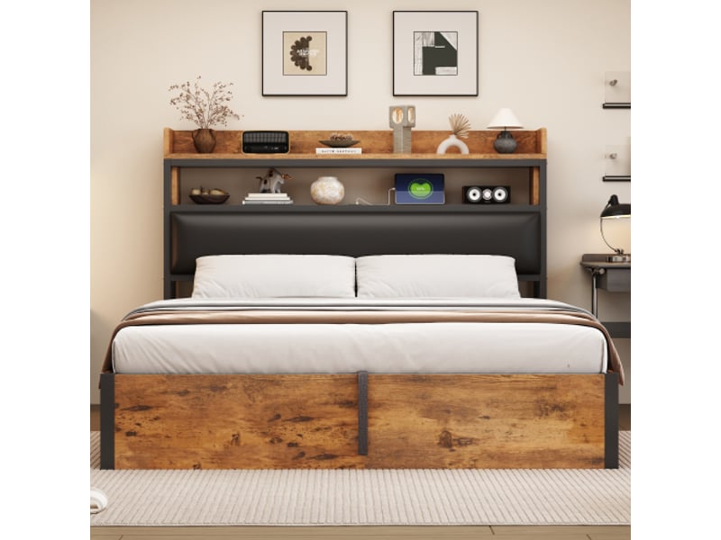  Lit double 180x200 avec rangement hydraulique et usb, tête de lit capitonnée, bois et métal vintage noir  - Conforama D