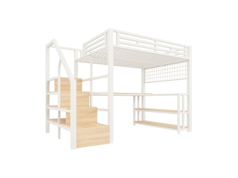  Lit mezzanine 140x200 cm cadre en fer blanc, rangements, escalier rangement, bureau intégré, led, usb-c, sans matelas  - Conforama D
