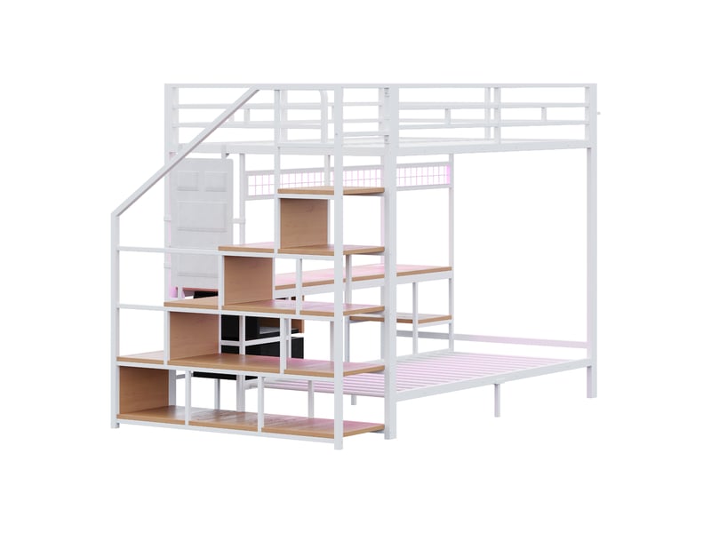 Lit superposé 140x200 cm avec lit 90x200 cm - bureau led, prises, rangements et tiroirs en tissu, blanc - Conforama E