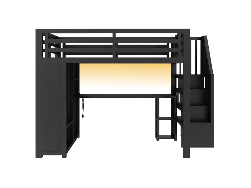  Lit mezzanine gaming 2 places 160x200 cm lit enfant lit double en métal avec bureau led ports usb armoire escalier rangements, noir  - Conforama R