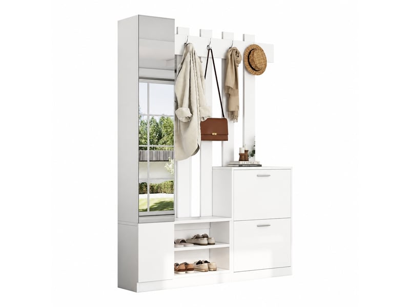  Vestiaire d’entrée avec miroir, 5 patères, 2 portes abattantes, 135 x 25 x 180 cm, blanc  - Conforama A