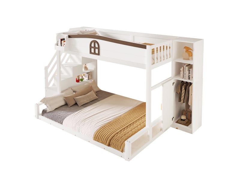  Lit superposé 90x200 et 140x200 cm - escalier avec rangements - armoire intégrée - fenêtre décorative - pin et mdf - blanc CozyNest - Conforama A