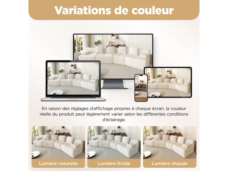  Canapé modulable 4 places en velours côtelé beige clair, sans montage, charge 400 kg, design moderne pour salon, 311x90x65cm  - Conforama C