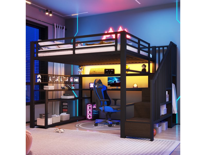 Lit mezzanine 140 x 200 cm noir avec bureau, armoire, escalier rangement et led, métal et mdf IKSETERA TRADING LTD - Conforama B