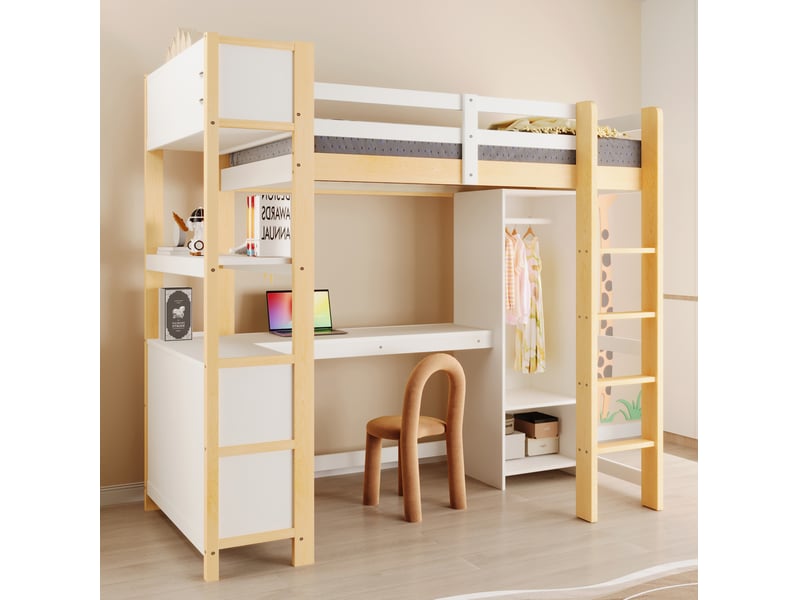  Lit mezzanine enfant 90x200 cm avec bureau, rangements et penderie naturel et blanc  - Conforama D