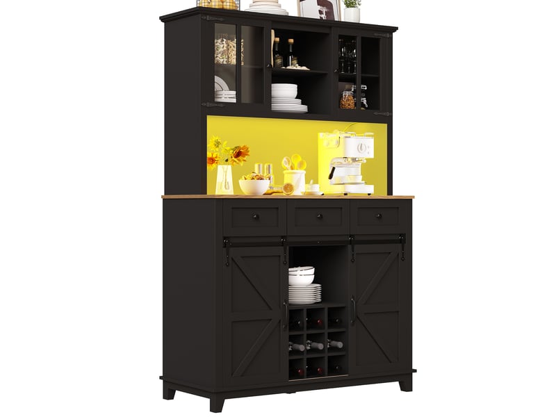  Armoire de cuisine avec led buffet haut noir vaisselier avec portes en verre 105x180cm  - Conforama W