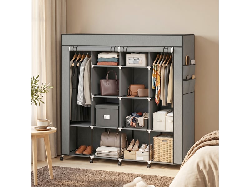  Armoire portable en tissu à roulettes, 10 compartiments, 2 tringles, structure en acier gris foncé  - Conforama C