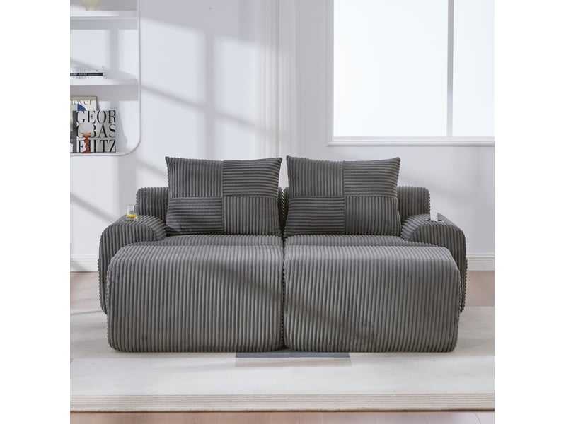 Canapé modulable 2 places avec 2 tabourets, librement combinable, incluant support à boissons et poche latérale de rangement, idéal salon, salle de séjour et autres pièces. Gris foncé - Conforama C