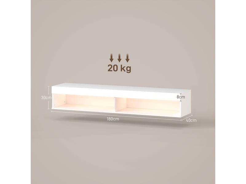  Meuble tv suspendu mural avec éclairage led pour téléviseurs jusqu'à 75 pouces, étagères, 180l x 40l x 30h cm, blanc  - Conforama C