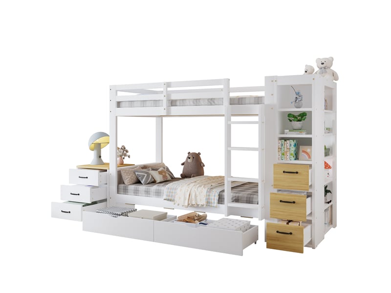  Lit superposé 90 x 200 cm blanc et naturel avec rangements, échelle et chevet  - Conforama A