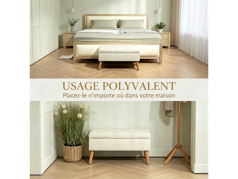  Banc de rangement en velours crème 80 cm avec coffre, pieds en bois, charge 120 kg  - Conforama E