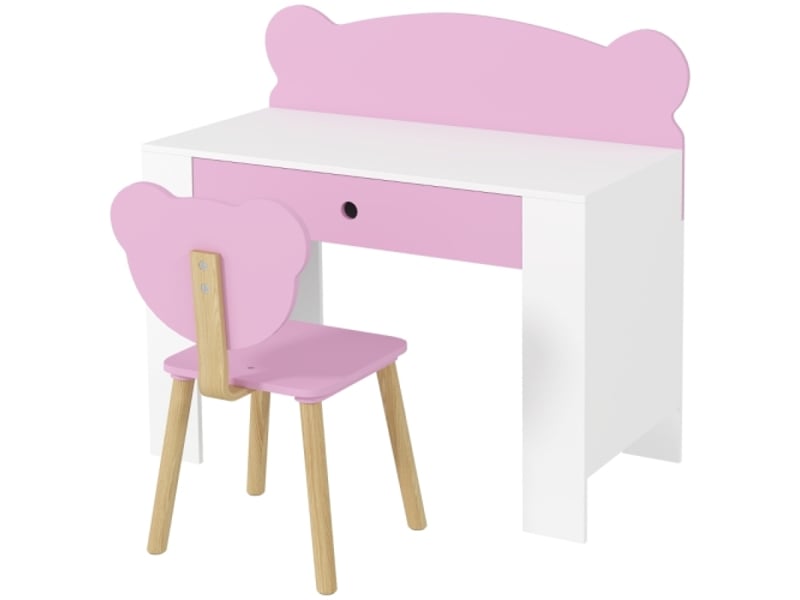  Bureau enfant rose avec chaise, plateau et tiroir, forme ours, pour filles et garçons, bois  - Conforama A
