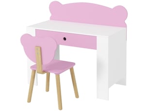Bureau enfant rose avec chaise, plateau et tiroir, forme ours, pour filles et garçons, bois