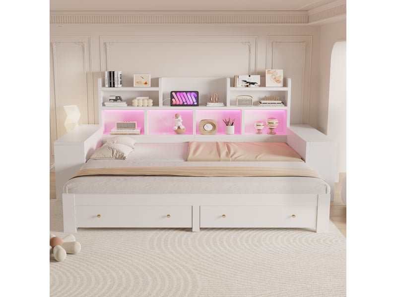 Lit extensible 90x200 cm blanc avec rangements, prises et éclairage led - Conforama E