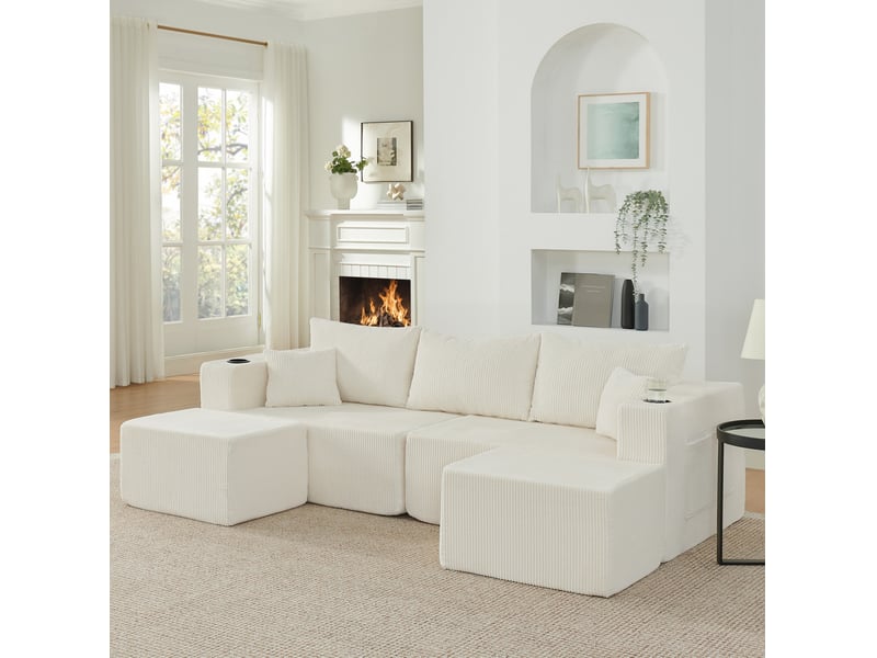  Canapé d'angle 3 places modulaire avec poufs mobiles, porte-gobelets et poches en velours côtelé beige  - Conforama D