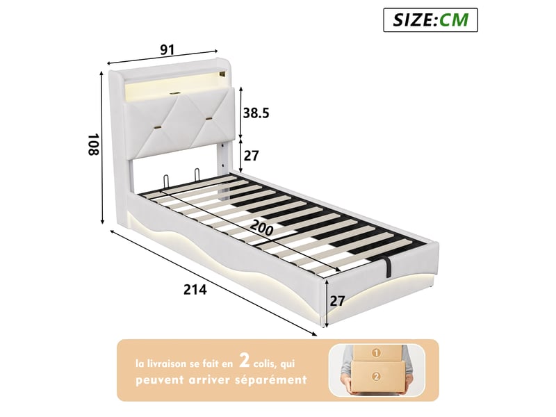  Lit coffre 90x200cm avec éclairage led et port de chargement, design ondulé, beige  - Conforama D