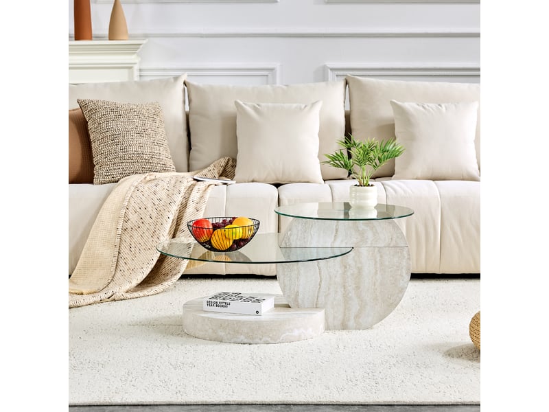 Table basse en verre trempé, table de salon ronde 2 niveaux, structure en mdf gris clair, design moderne et minimaliste - Conforama B