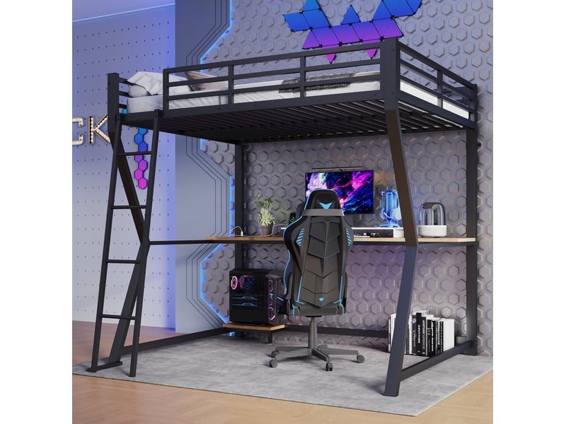  Lit mezzanine 140x200 cm noir avec bureau, led, prises usb et étagère pc  - Conforama E