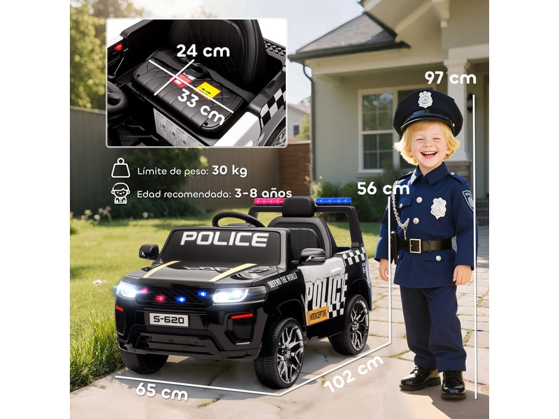 Voiture de police électrique pour enfants avec télécommande, double moteur, sirène, suspension 4 roues et phares - noire - Conforama E