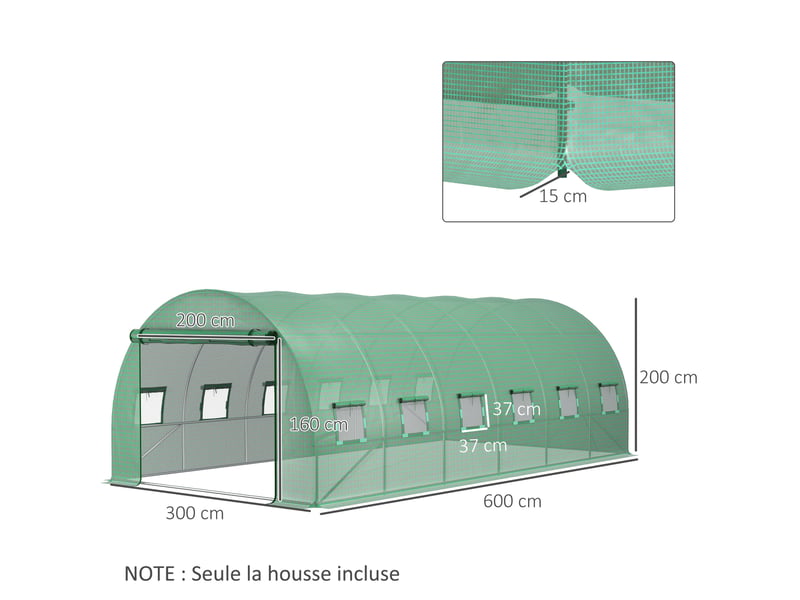  Bâche de rechange serre tunnel 18 m², bâche 6 x 3 x 2 m pe anti-uv imperméable 12 fenêtres + porte enroulable zippée vert  - Conforama E