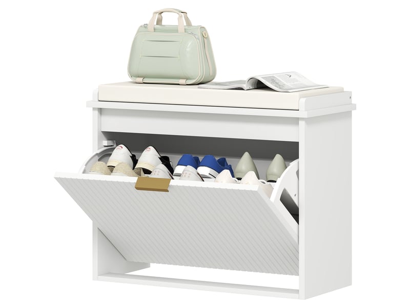  Banc à chaussures avec coussin d'assise rembourré et tiroir rabattable pour couloir, chambre, 62 x 26 x 47,5 cm, blanc  - Conforama B