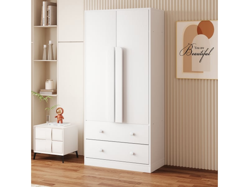 Armoire blanche 70×40×170 cm, portes doubles, tiroirs et étagères - rangement chambre moderne - Conforama B