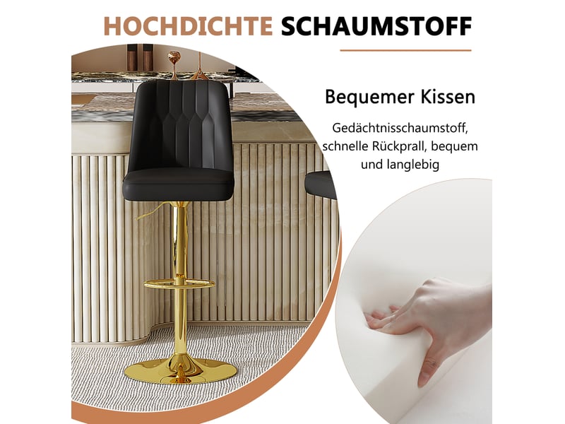 Tabourets de bar réglables pivotants 360° lot de 2, chaise haute cuisine, pied métal, assise polyuréthane, noir et or  - Conforama D
