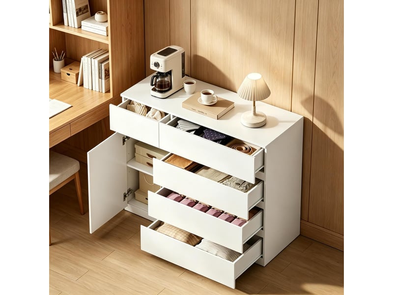  Commode de rangement avec 5 tiroirs et 1 armoire, étagère réglable, style moderne, pour chambre, salon, cuisine, blanc 100 × 40 × 80 cm  - Conforama D
