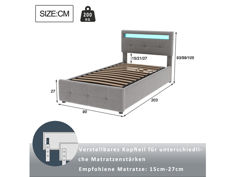  Lit enfant 90x200 cm avec led, coffre hydraulique et tête de lit réglable gris  - Conforama C
