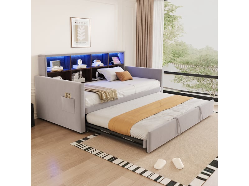  Lit simple 90x190 cm avec lit d'appoint coulissant, en velours gris clair  - Conforama B