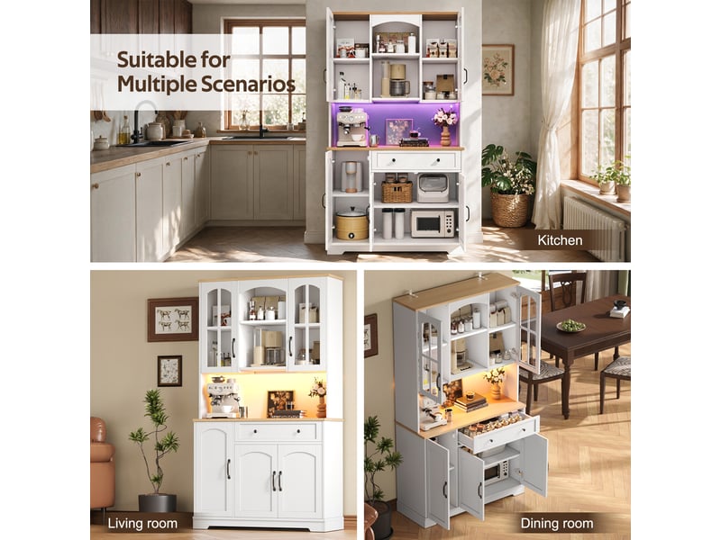  Buffet de cuisine haut avec 2 portes vitrées, 1 tiroir, étagères réglables et led pour cuisine et séjour, en mdf blanc  - Conforama E