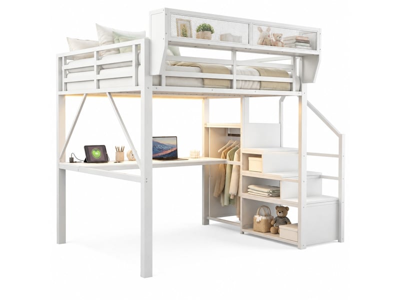  Lit mezzanine 140x200 cm, bureau long, led multicolore, échelle sécurisée, rangement modulable, métal blanc sans matelas  - Conforama A