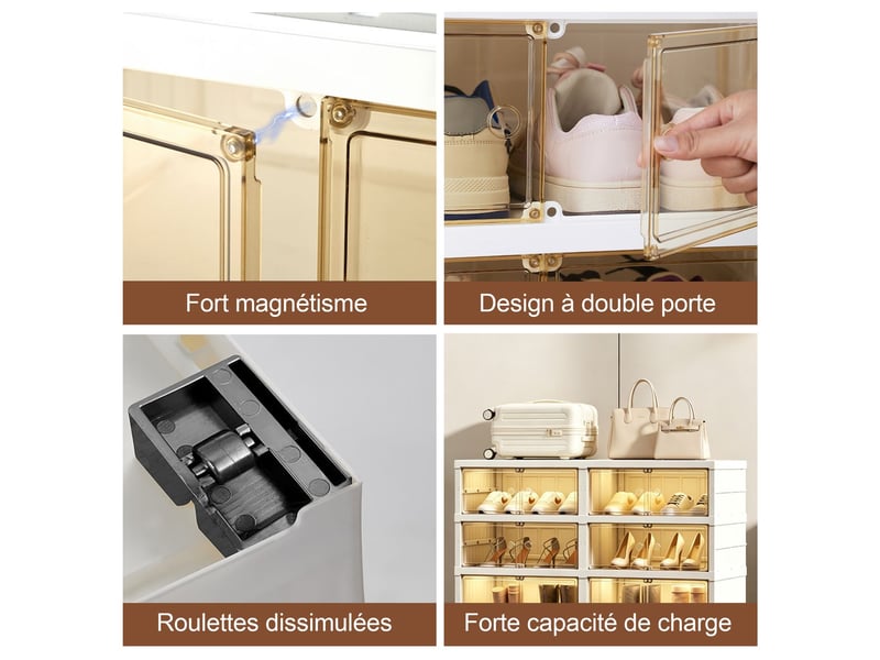  Armoire à chaussures rangement modulable rangement chaussures structure pliable en polypropylène 6 niveaux porte semi-transparente magnétique capacité de 24 paires espace dédié aux bottes roulettes dissimulées et montage sans ou…  - Conforama D