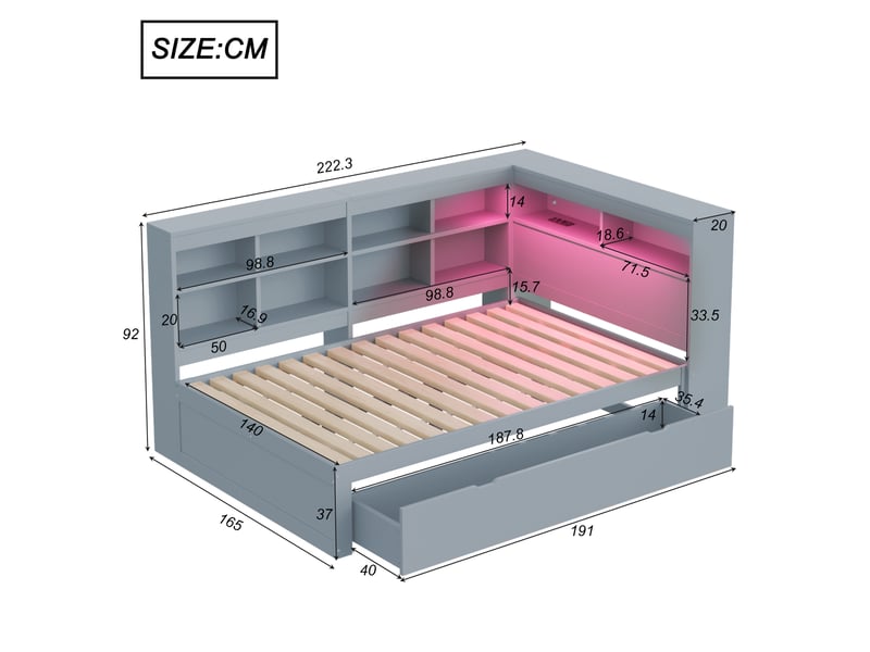  Lit enfant 140x200cm,lit avec rangement en bois massif avec lumière led,prise usb,1 grand tiroir et 10 niches,gris lit enfant gris - Conforama C