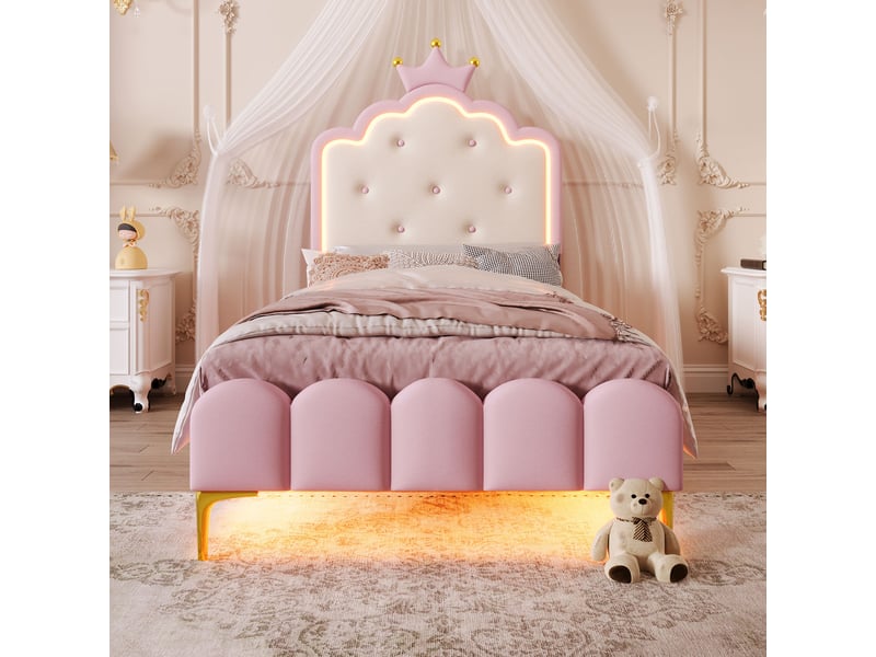 Lit enfant 90x200 cm princesse avec tête couronne et led, pu, rose, sans matelas - Conforama B
