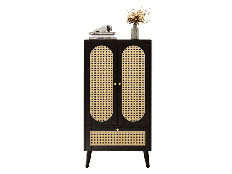 Buffet haut 60x40x110.5 cm avec 2 portes et 1 tiroir, décor rotin, noir  - Conforama A